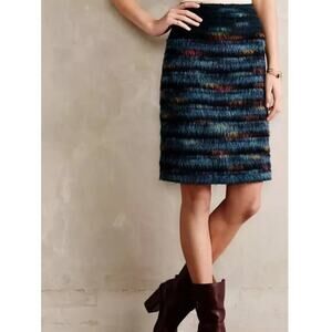 Anthropologie Maeve Size 0 Pencil Skirt Feathered Wool Peacock Stripes Preppy